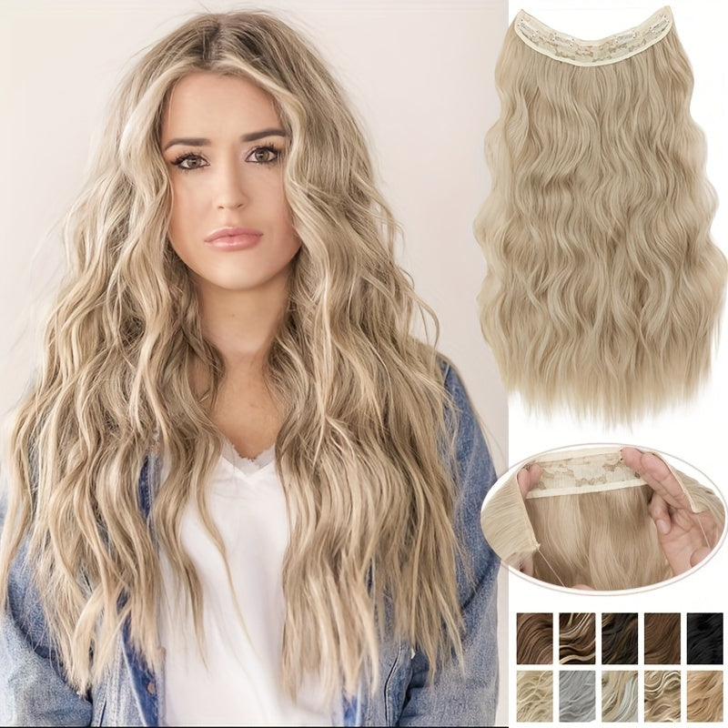 S-NOILITE Invisible Wire Hair Extensions With Transparent Wire Adjustable Size With 4 Secure Clips Synthetic Hair Piece Long Wavy Secret Headband Hairpieces For Women 20 Inch Ombre Brown Highlight