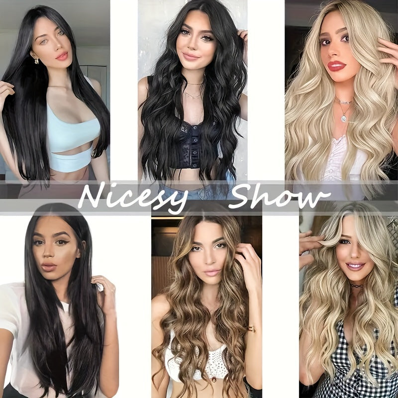 6pcs Luxurious 24-Inch Blonde Clip-In Wavy Hair Extensions for Women - Natural Soft Synthetic Fiber, Heat-Friendly, Full Head Coverage with Elegant White Diamond Accents, Ponytail Hair Extensions