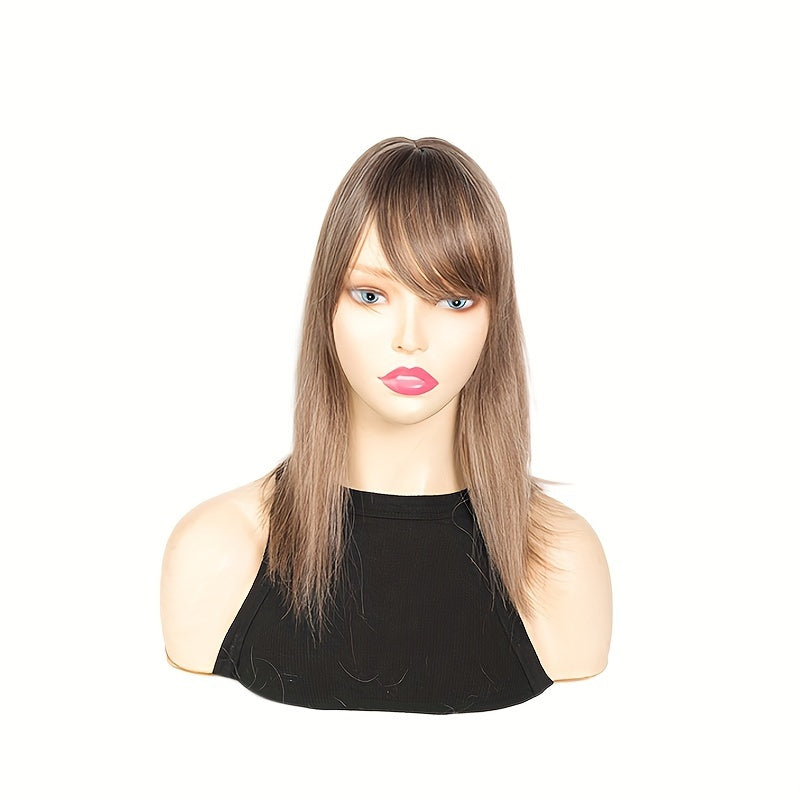 14-Inch Synthetic Hair Topper for Women with Bangs - Clip-In Straight Hairpiece for Thinning Hair, Large Base Wiglet, Black with Highlights, Versatile Style for All Ethnicities, Hair Accessories