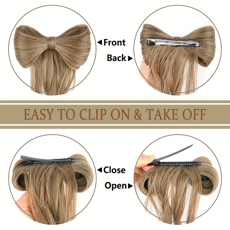 Elegant Bowknot Hairpiece with 35.56cm Natural Curly Synthetic Ponytail - Dark Brown & Blonde Highlights, Decorative Clip Barrette for Women and Girls - Versatile and Stylish Hair Accessory, Hair Accessories