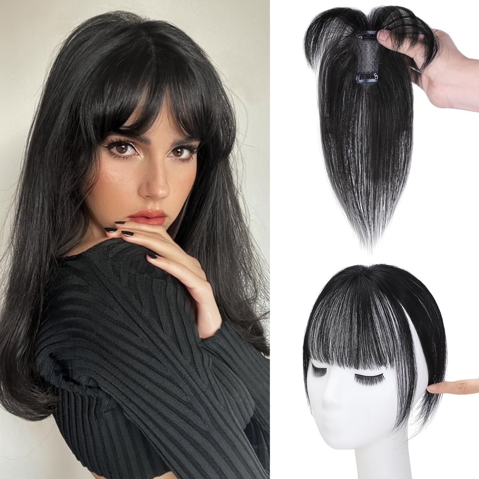 BIGTRSE 360° 3D Bangs Hair Clip - 100% Real Human Hair Topper with Straight Bangs & Side Swept Bangs, Natural Look for Women, Easy Clip-On for Daily Wear, Versatile Hairpiece, Sleek Hairpiece, Secure Hairpiece