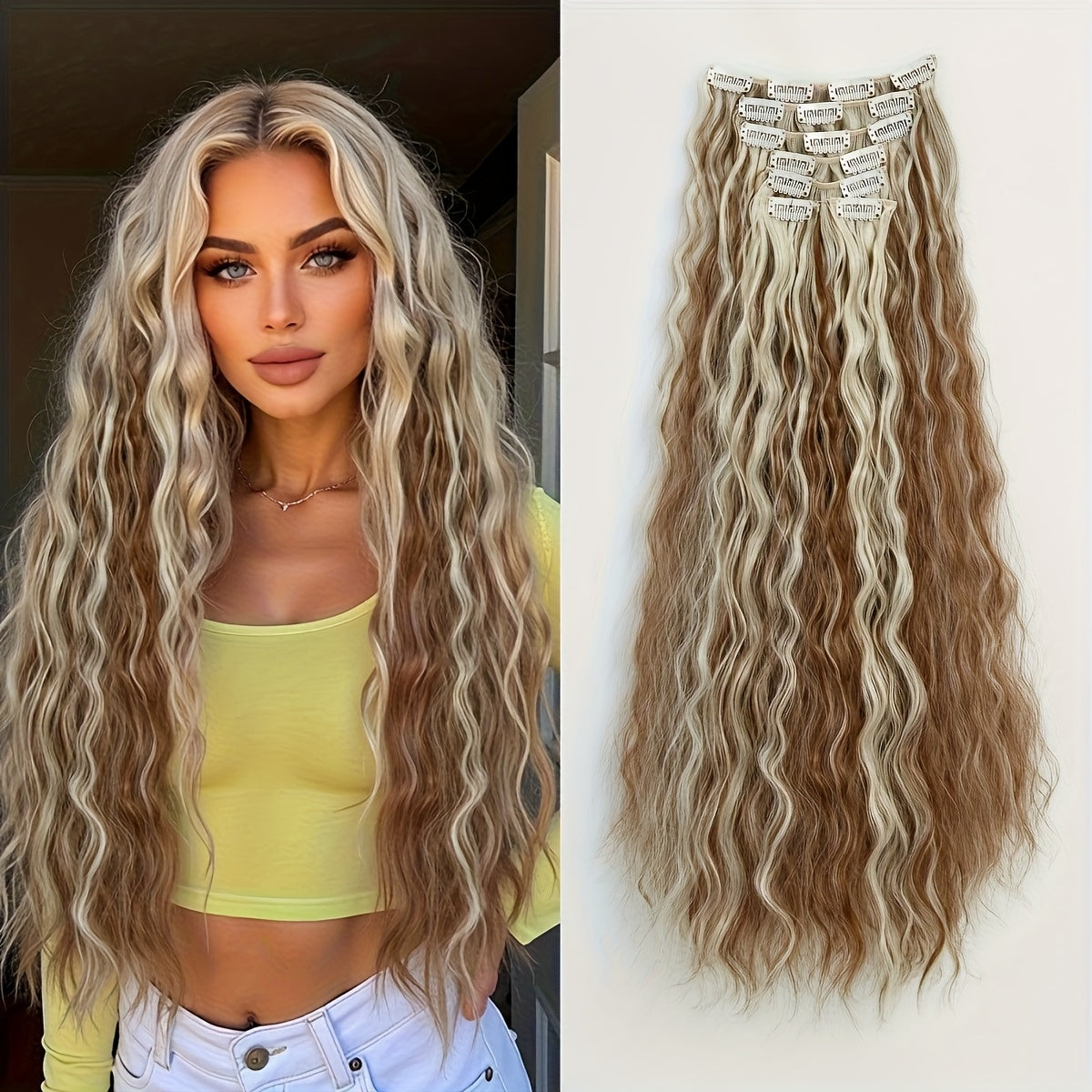 6pcs/set Wavy Long Hair Clip-in Extensions, Synthetic, Basic Style, Women's, Elegant Hair Accessories for Daily Use