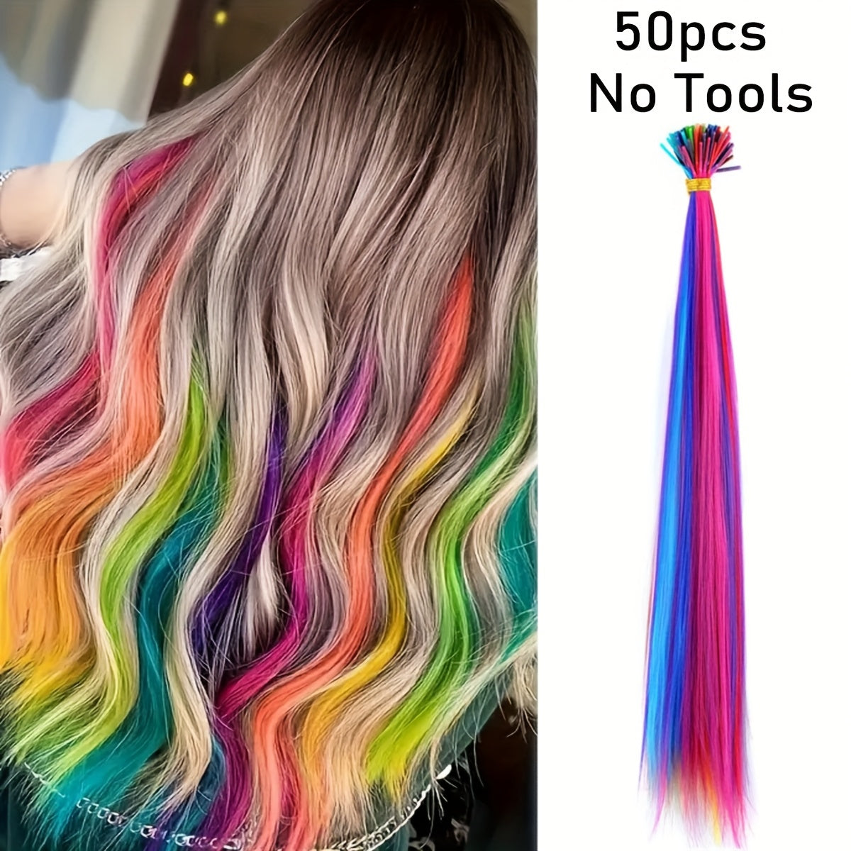 20-100pcs Mixed Color Rainbow Hair Extensions 16 Inch Rainbow Color Synthetic Hair Extensions Long Colored with Beads And Loop Tool for Hair Extension for Women Girls DIY Kit Holiday Party Use