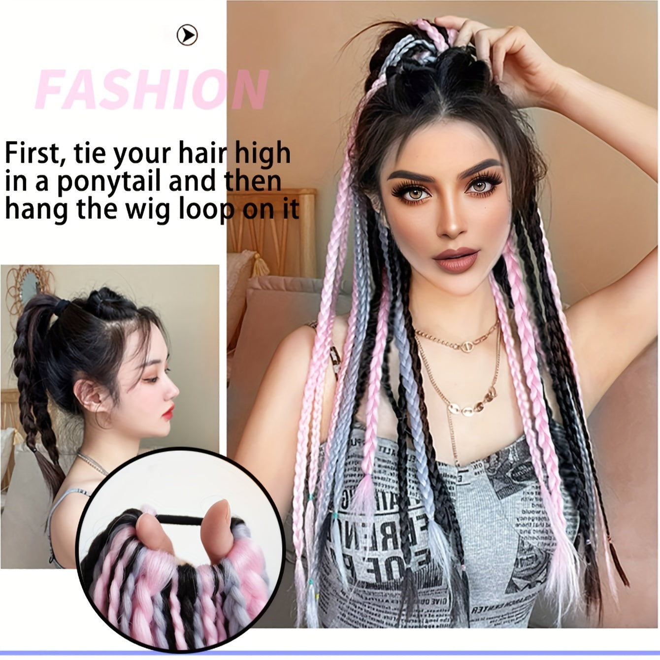 Y2K-Inspired Colorful Braided Hair Extensions with Elastic Bands - 24" Synthetic Ponytail for Women, Perfect for Street Dance & Music Festivals