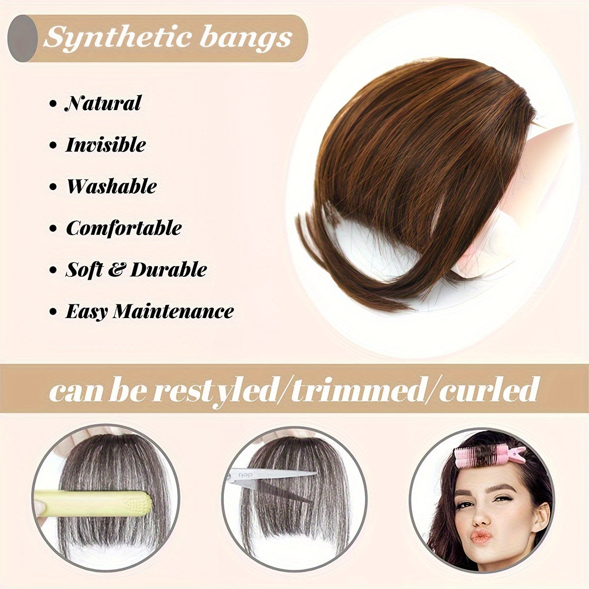 Style Flex, Chic 6-Inch Clip-In Bangs for Women - Straight Synthetic Hairpiece, Versatile Daily Wear