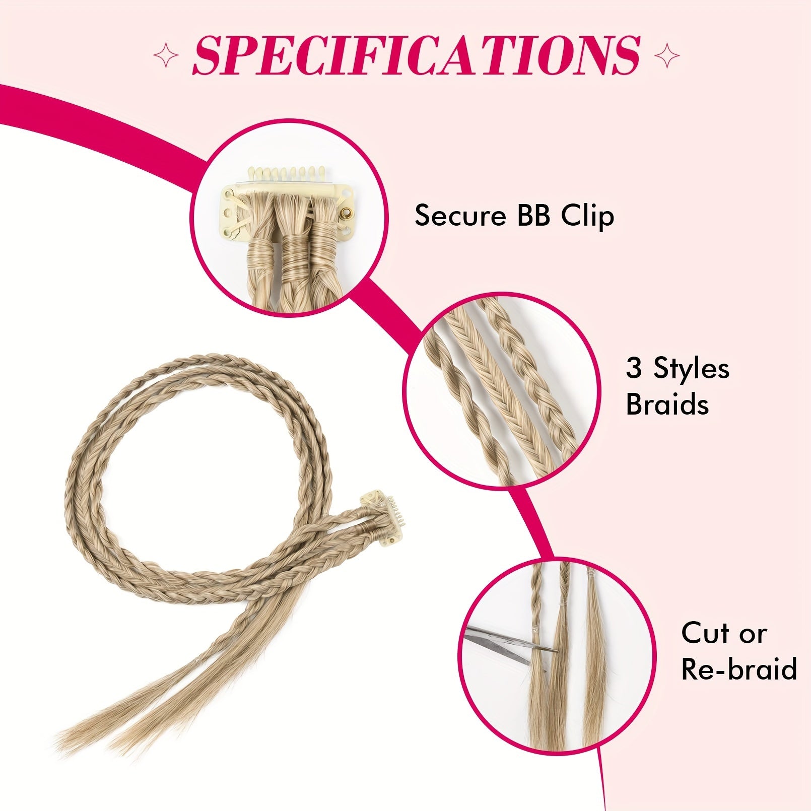 Braid Hair Extensions, 3pcs Clip in Hair Extensions Baby Braids, 3 Braids on One Clip 6 Braids Total, 22" Long Natural Soft Synthetic Hairpieces for Women