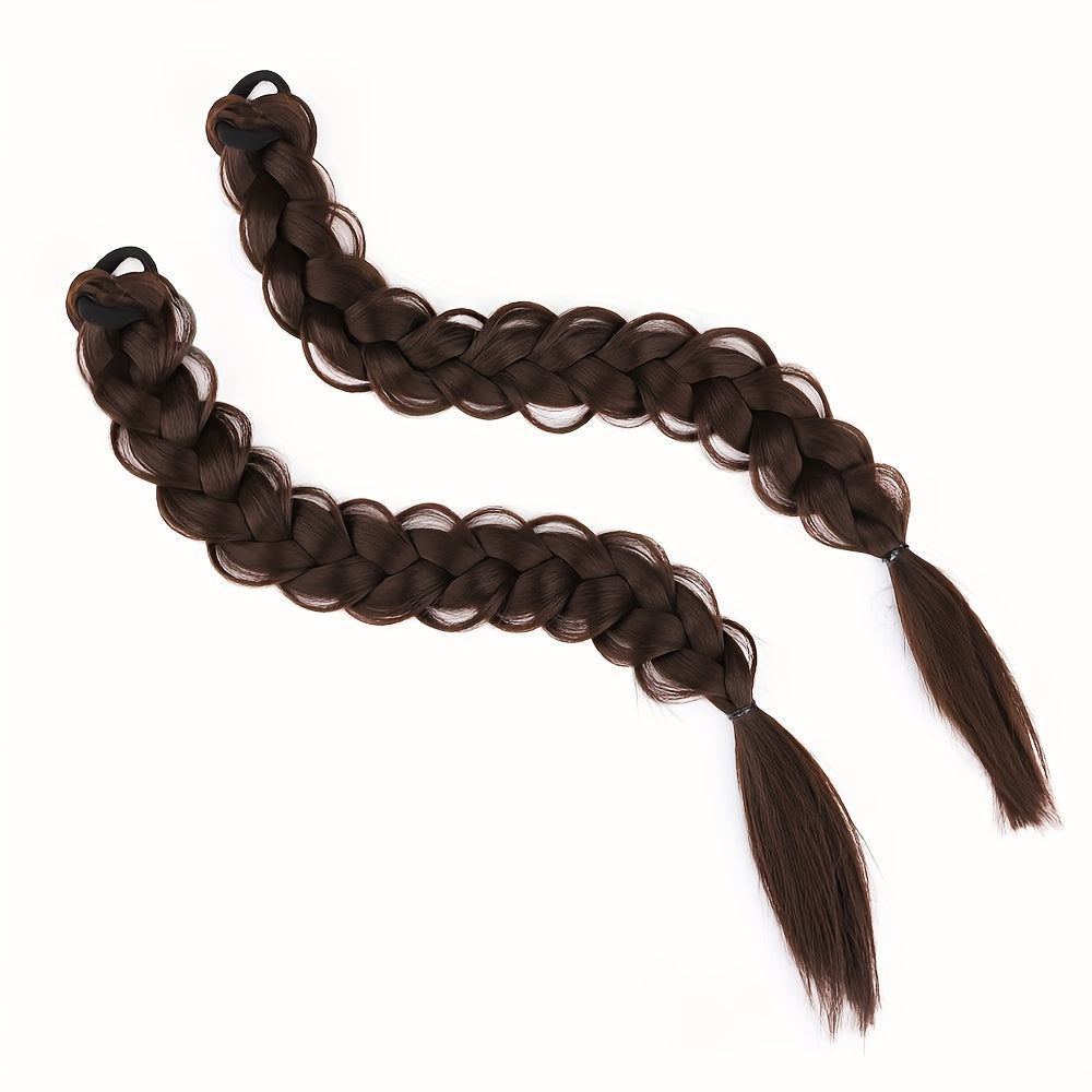 2pcs Women'S Ponytail Hair Extensions, Synthetic Clip-In Braids, Straight Hair Style Basics, with Elastic Band, for Daily Wear, Hair Volume Enhancer