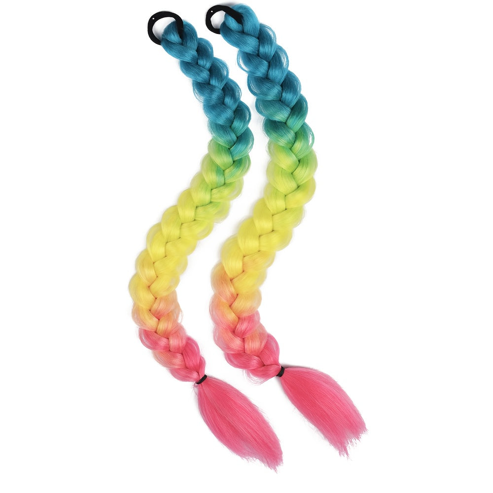 2pcs Women'S Ponytail Hair Extensions, Synthetic Clip-In Braids, Straight Hair Style Basics, with Elastic Band, for Daily Wear, Hair Volume Enhancer