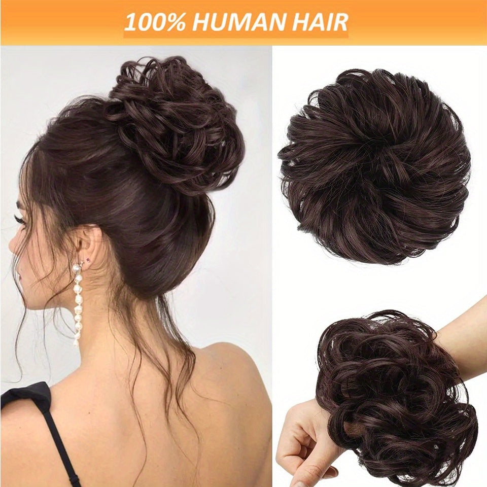 [2pcs Brazilian Hair Buns] 2pcs 4 Inch Brazilian Human Hair Messy Bun Chignon Extensions - Soft & Comfortable Elastic Scrunchie Updo Hair Pieces for Women, Natural Look, Easy Maintenance, Versatile for Daily & Formal Events