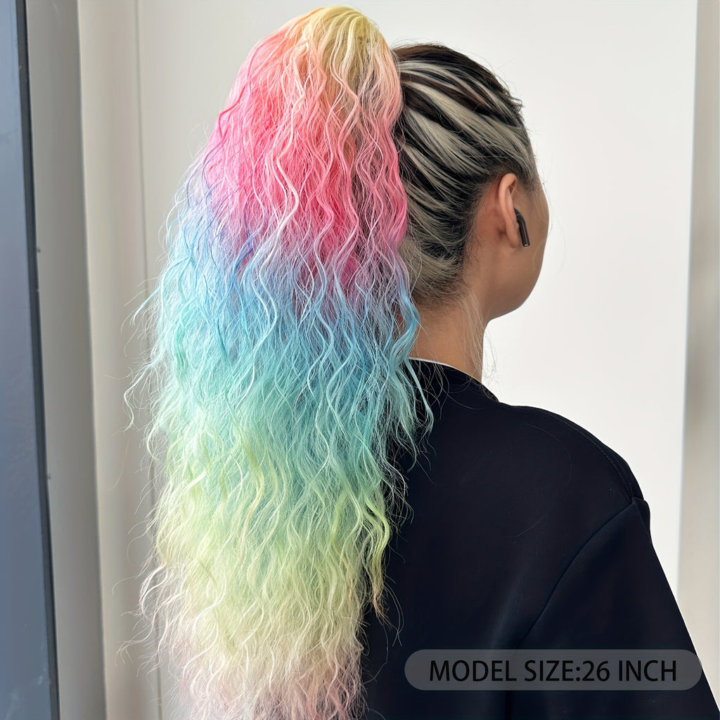 JSTINEKE 66.04cm Multicolor Long Curly Ponytail Extension - Synthetic Hair Claw Clip-In with Drawstring, Natural Look for Women, Deep Wave Texture, Party Style, Easy to Style, Party Hair Accessory, Vibrant Hairpiece