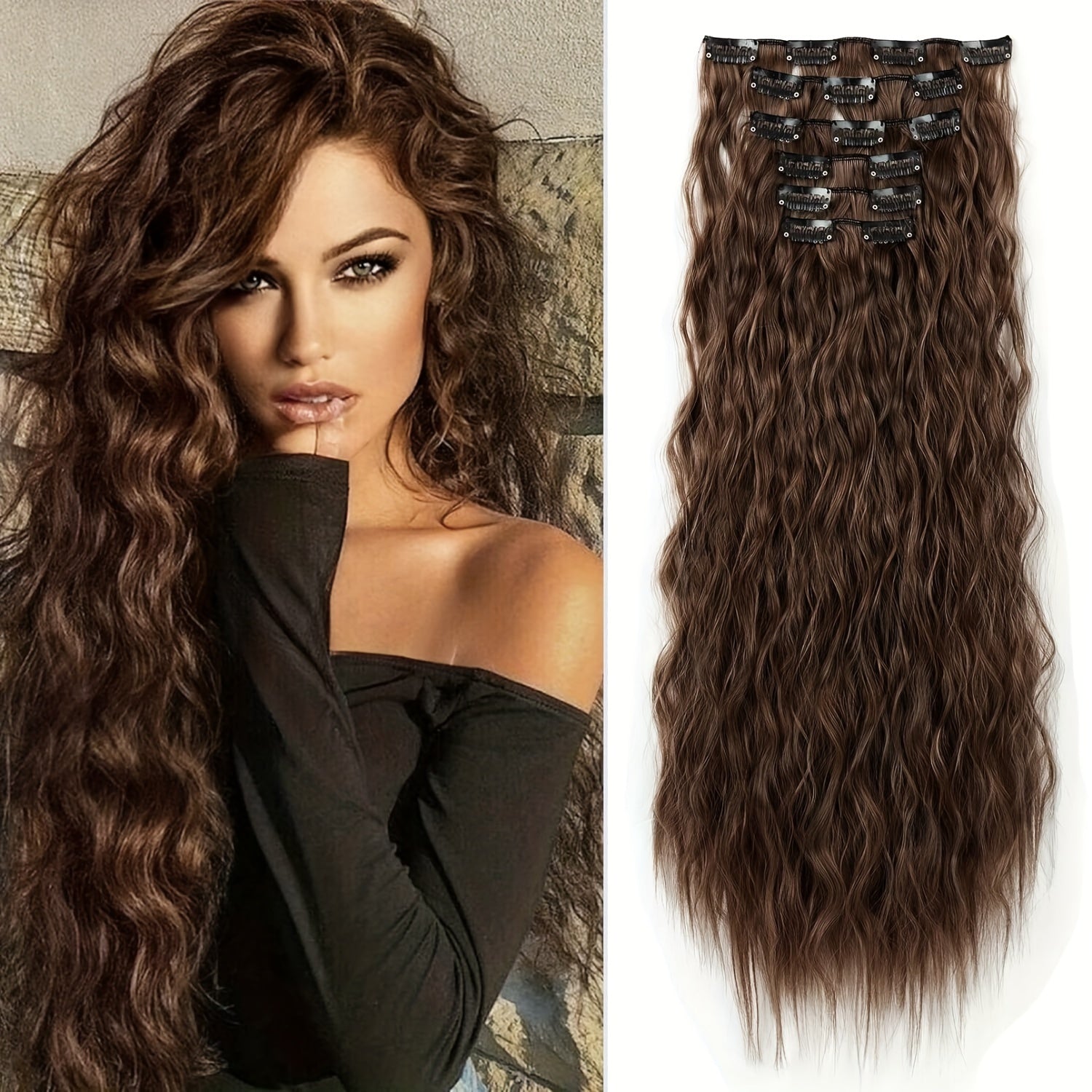 6pcs Luxurious 24-Inch Blonde Clip-In Wavy Hair Extensions for Women - Natural Soft Synthetic Fiber, Heat-Friendly, Full Head Coverage with Elegant White Diamond Accents, Ponytail Hair Extensions