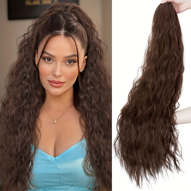 Extra Long Ponytail Extension 81.28 cm Deep Wavy Curly Drawstring Pony Tail Extensions Softer Fluffy Synthetic Clip In Hair Extensions Brown Blonde Highlight Hairpiece For Women Daily Halloween Use Part