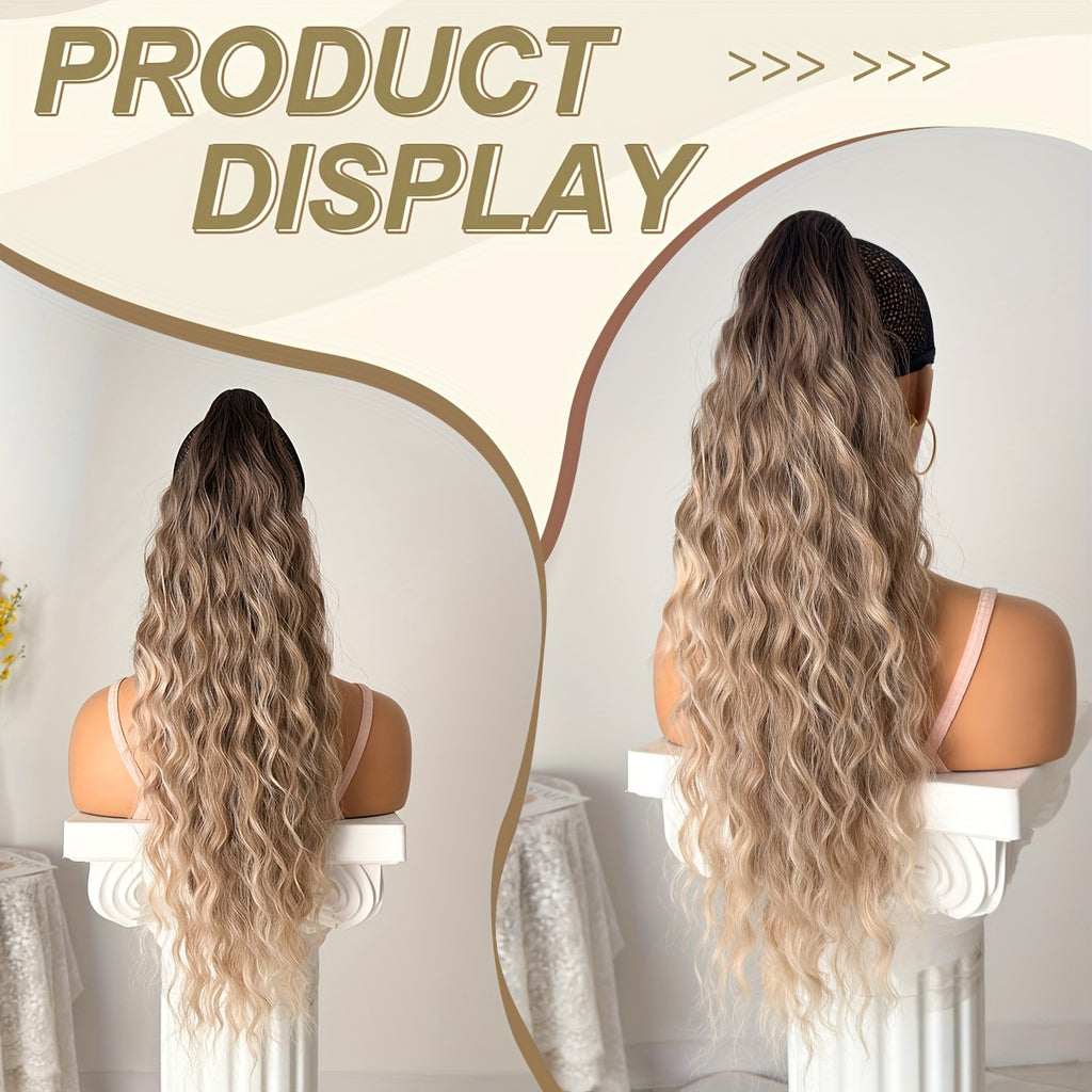Drawstring Ponytail Extension Hair 28 Inch Ombre Long Water Wave Heat Resistant Fiber Synthetic Ponytail Hairpiece for Women Daily Used