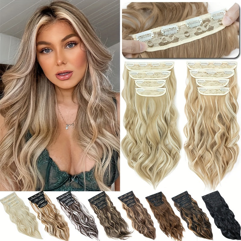 Balayage 55.88 cm Clip In Hair Extensions 4pcs Long Wavy Thick Highlighted Clip In Hairpieces Curly Synthetic Full Head Hair Extension for Women Daily Use Brown Bleach Blonde Black Christmas And Halloween Gift