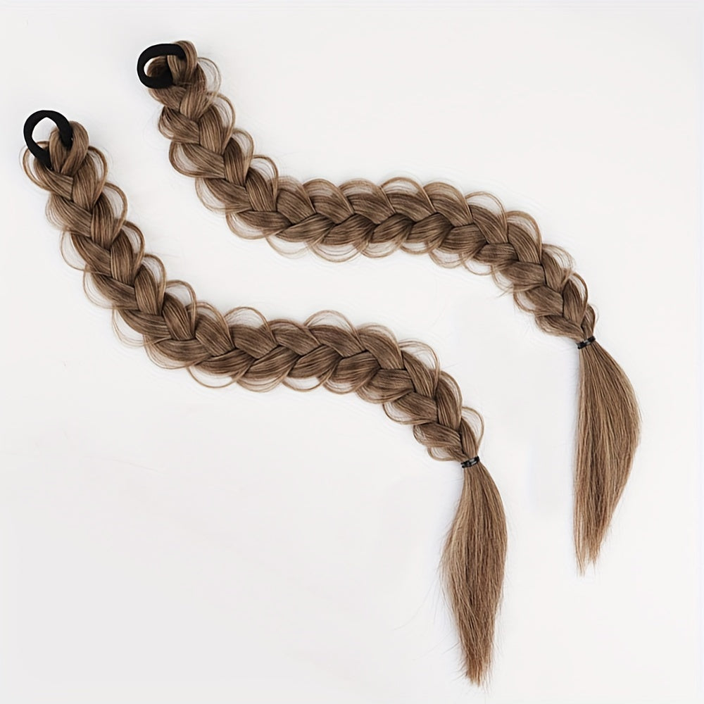 2pcs Women'S Ponytail Hair Extensions, Synthetic Clip-In Braids, Straight Hair Style Basics, with Elastic Band, for Daily Wear, Hair Volume Enhancer