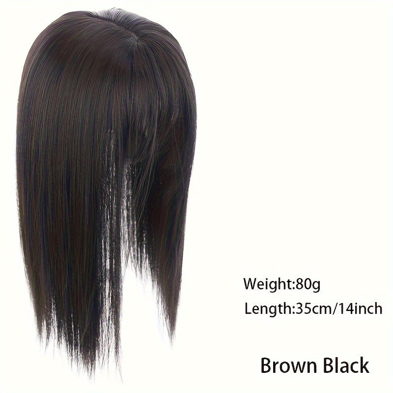 14-Inch Synthetic Hair Topper for Women with Bangs - Clip-In Straight Hairpiece for Thinning Hair, Large Base Wiglet, Black with Highlights, Versatile Style for All Ethnicities, Hair Accessories