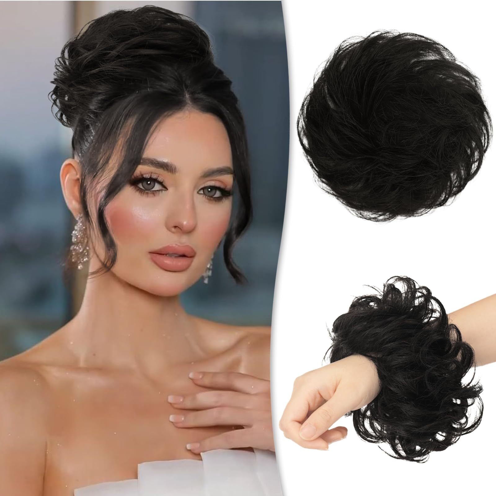 [2pcs Brazilian Hair Buns] 2pcs 4 Inch Brazilian Human Hair Messy Bun Chignon Extensions - Soft & Comfortable Elastic Scrunchie Updo Hair Pieces for Women, Natural Look, Easy Maintenance, Versatile for Daily & Formal Events