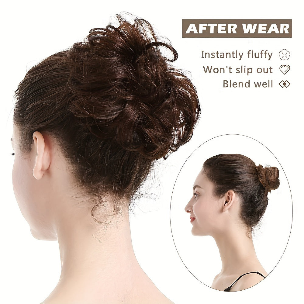 [2pcs Brazilian Hair Buns] 2pcs 4 Inch Brazilian Human Hair Messy Bun Chignon Extensions - Soft & Comfortable Elastic Scrunchie Updo Hair Pieces for Women, Natural Look, Easy Maintenance, Versatile for Daily & Formal Events