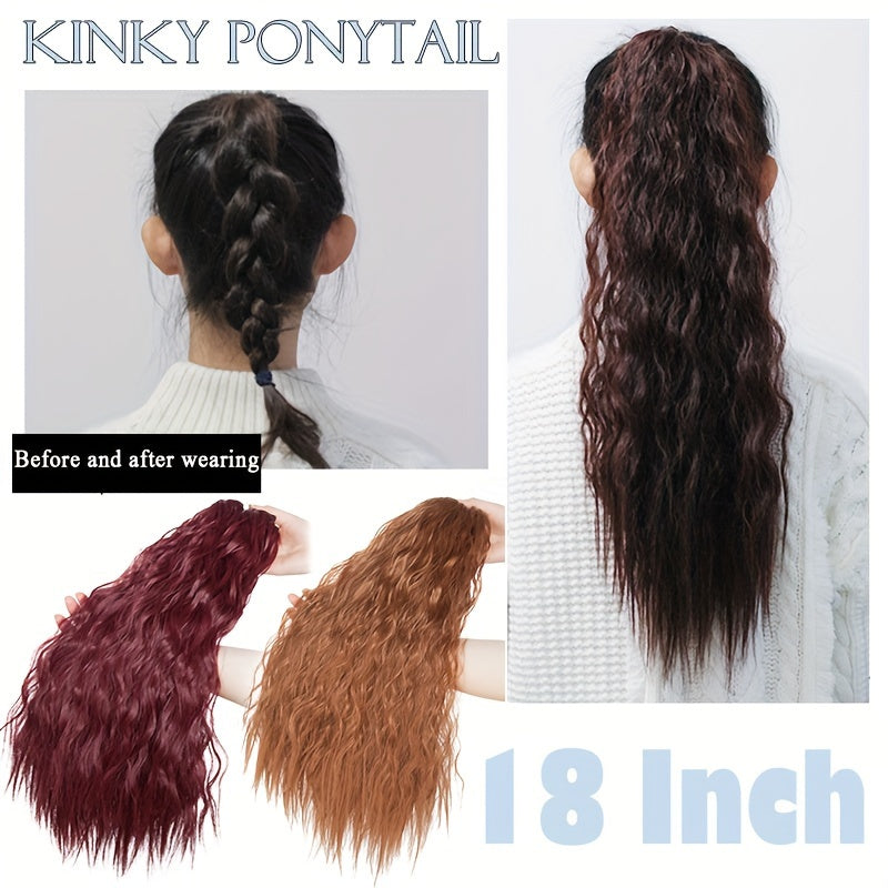 18inch/45cm Long Kinky Corn Wave Ponytail Hair Extension Synthetic Drawstring Afro Curly Wavy Pony Tail Wrap Around Pony Tails Clip In Hairpieces Layered Hairpiece Black Brown Blonde Highlight For Women Daily Party Halloween Christmas Use