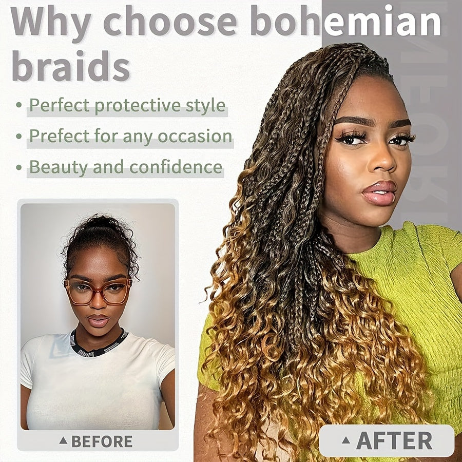 3pcs Handmade Pre-Looped Box Braids, Goddess Soft Thick Curly Synthetic Hair Extensions, 35.56 cm Afro Ombre Boho Crochet Braid, Knotless Jumbo Twist Braiding Hairpiece, for Women, Festival, Christmas, Party, Daily Use