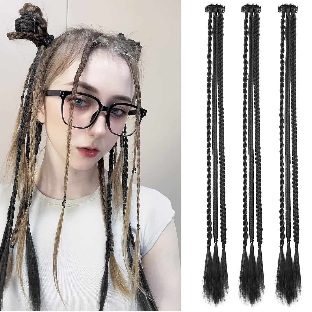 Braid Hair Extensions, 3pcs Clip in Hair Extensions Baby Braids, 3 Braids on One Clip 6 Braids Total, 22" Long Natural Soft Synthetic Hairpieces for Women