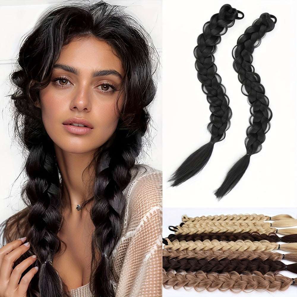 2pcs Women'S Ponytail Hair Extensions, Synthetic Clip-In Braids, Straight Hair Style Basics, with Elastic Band, for Daily Wear, Hair Volume Enhancer