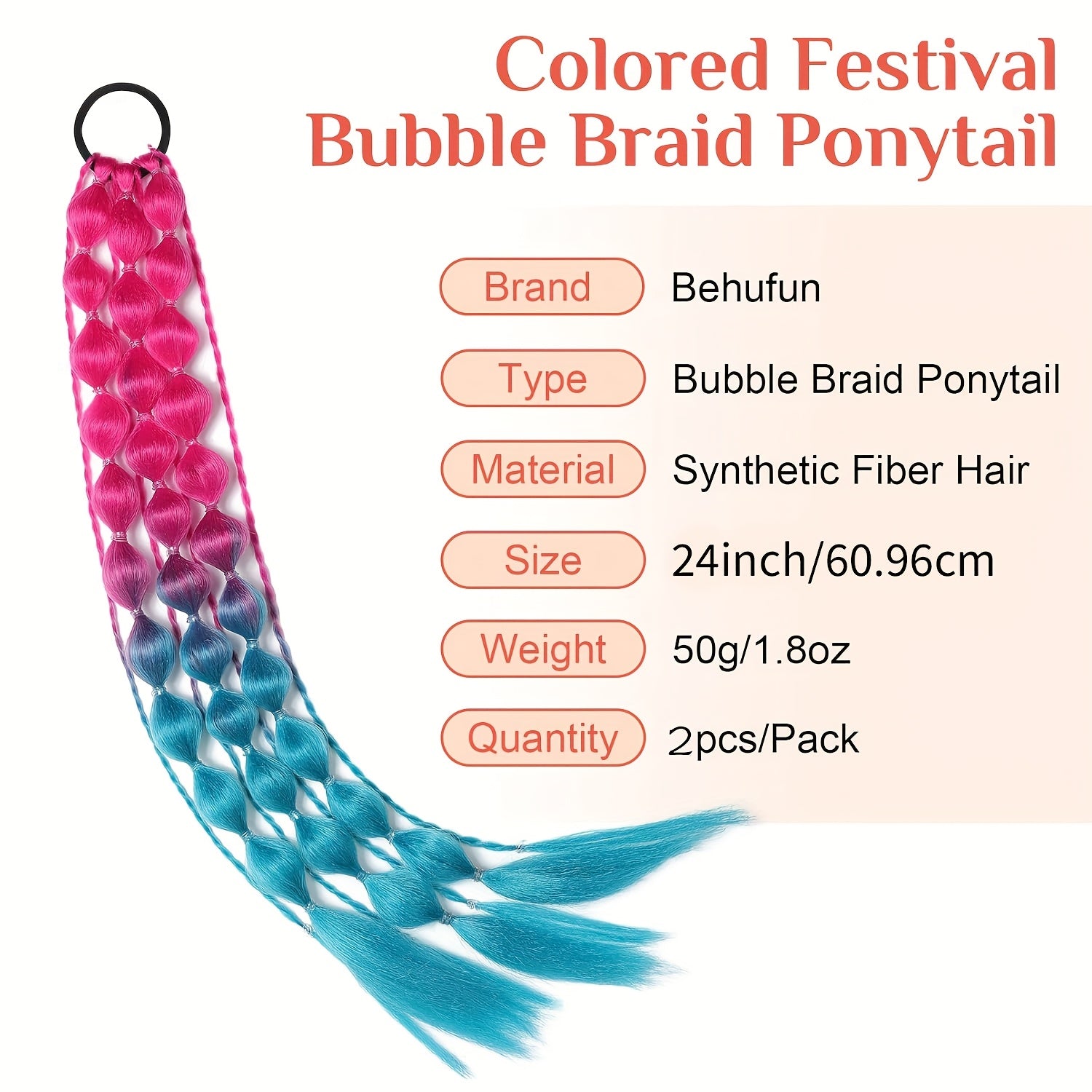 2pcs Vibrant Ombré Ponytail Extensions - 60.96 cm Lightweight, Colorful Braided Hair Accessories for Women, Perfect for Parties, Festivals, and Rave Events, Festival Hair Accessory | Vibrant Hair Extensions | Lightweight Extensions, Hair Accessories