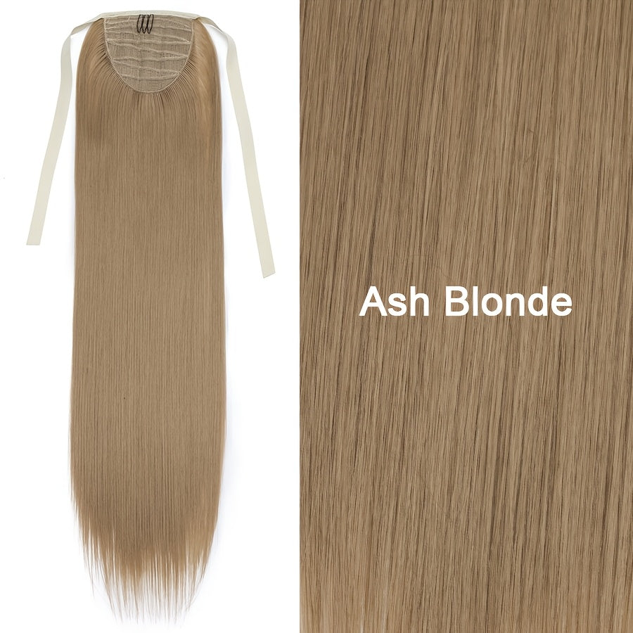 Long Soft Tie Up Ponytail Straight Hair Piece Clip In Hair Extensions 22inch/55cm Wrap Around Binding Pony Tail Hairpiece Drawstring Pony Tails for Women Party Festival Christmas Halloween Daily Use