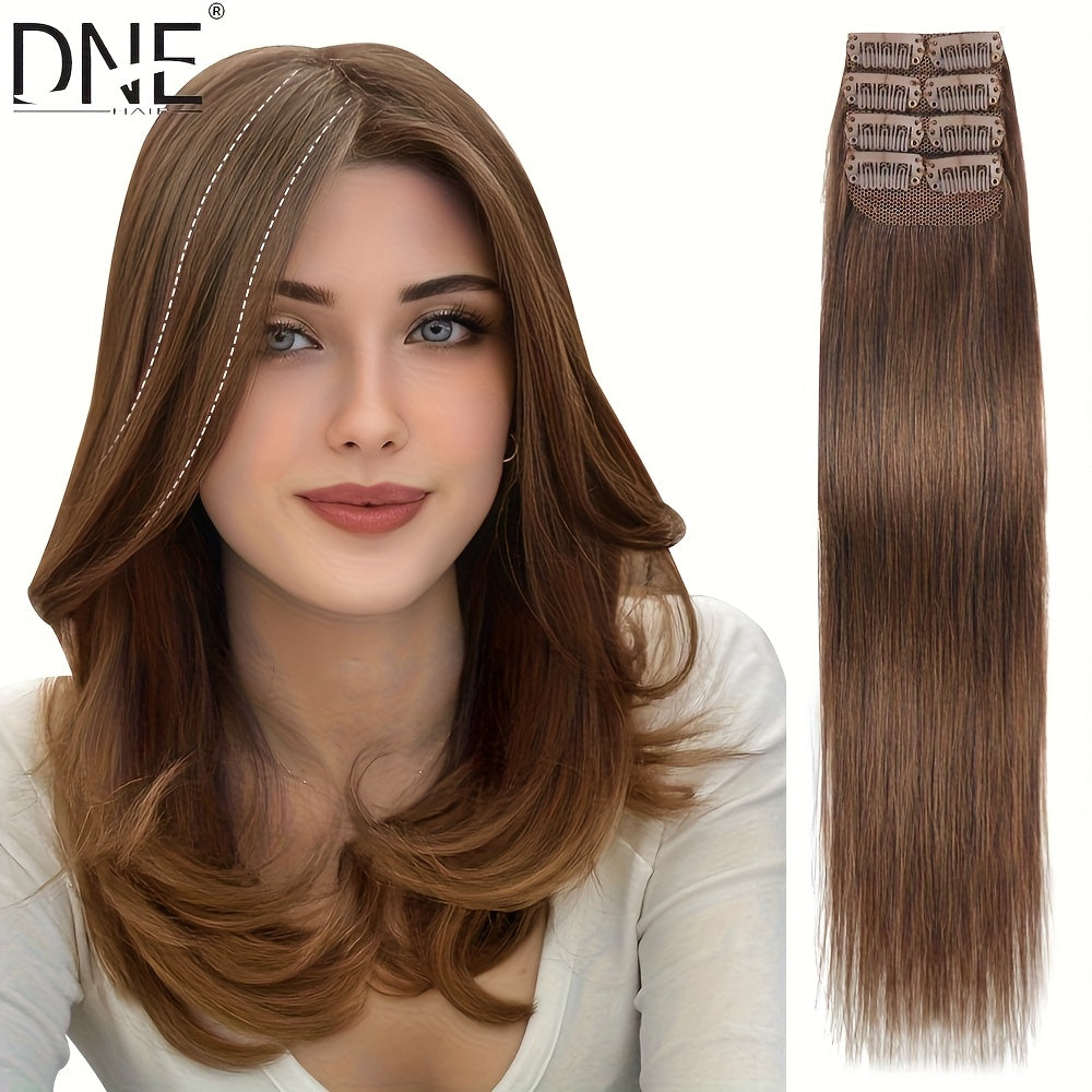4pcs with 8 Clips Straight Clip In Hair Extensions 100% Real Human Hair Light Brown 12-18 Inch Double Weft Invisiable Clip Hair Extensions Remy Natural Human Hair for Women Girl Daily Full Head Use