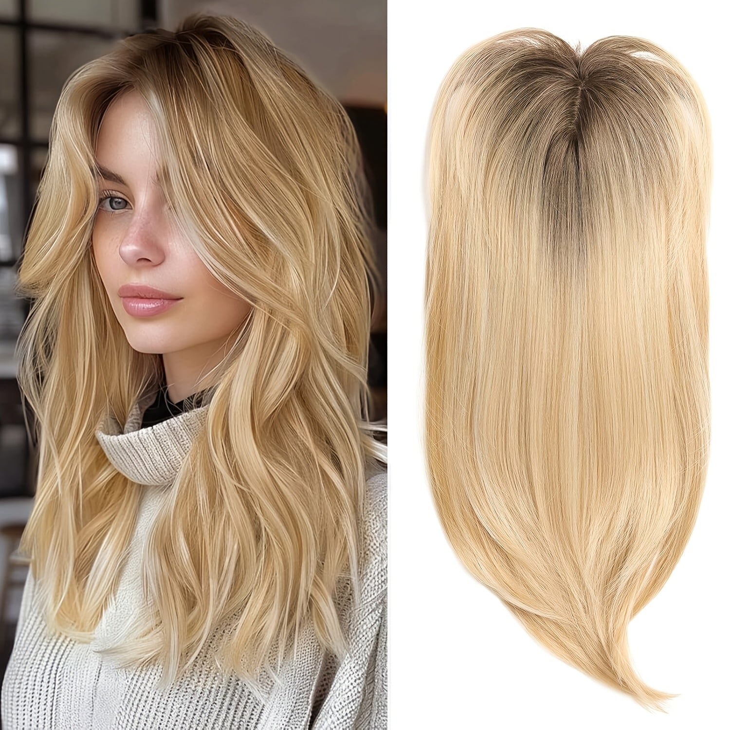 [Synthetic Hairpiece] 22-Inch Light Golden And Bleached Blonde Mixed Hair Top Synthetic Hairpiece | 55 Cm | Synthetic | Swiss Base And 3 Clips | Thinning Hair And Gray Hair Loss