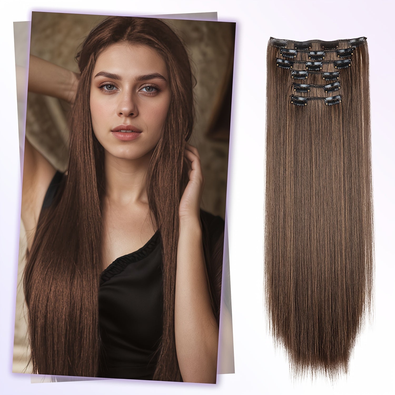 6pcs Brown Clip-In Hair Extensions 60.96cm Long - Thickened Straight Hair with Secure Clip, Natural Look for Women, Easy to Style, Adds Volume & Dimension, Versatile for All Hair Types, Stylish Hair Solution, Sleek Hairpiece
