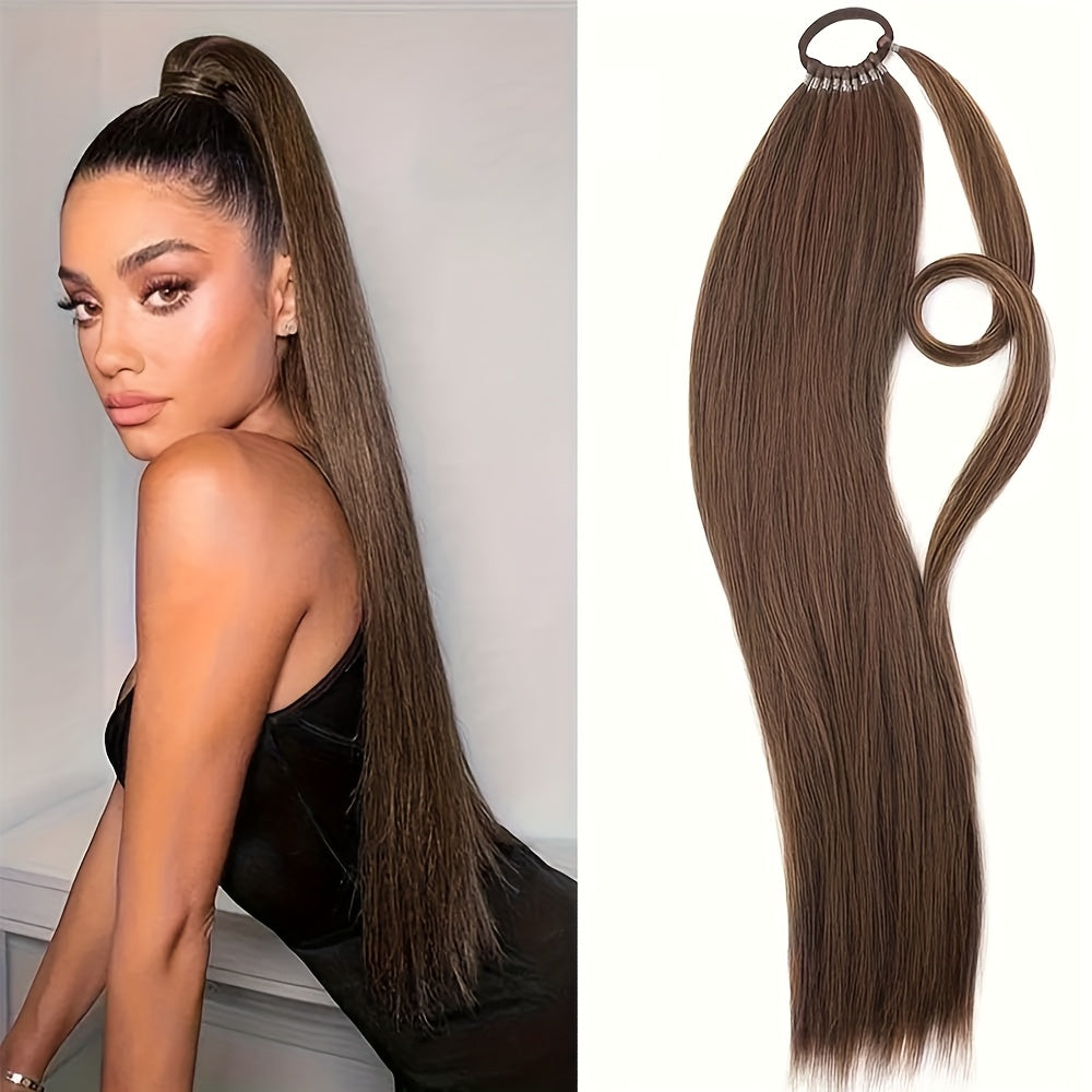 24-Inch Yaki Straight Braiding Hair Ponytail Extension - Wrap Around Long Straight Ponytail with Versatile Elastic Bands for Women, High-Temperature Fiber, Basic Style, Hair Extension for Women