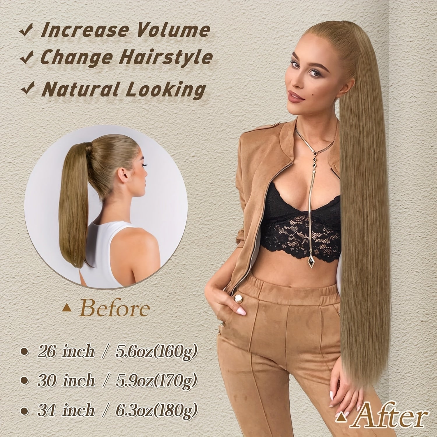 BARSDAR Brown Ponytail Extension, 86.36 cm Long Straight Drawstring Ponytail Hair Extensions Synthetic Clip In Pony Tails Hairpieces Fake Straight Ponytail For Women Girls Daily