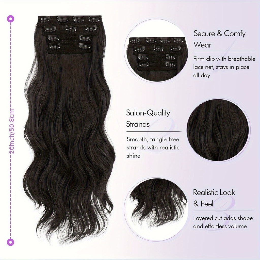 4pcs Women'S Clip-In Hair Extensions, 50cm Long Wavy Synthetic Hair in Natural Black and Brown, Soft High-Temperature Fiber for Everyday and Party Use, Party Hair Accessories, Elegant Hairpiece, Secure Clip Attachment