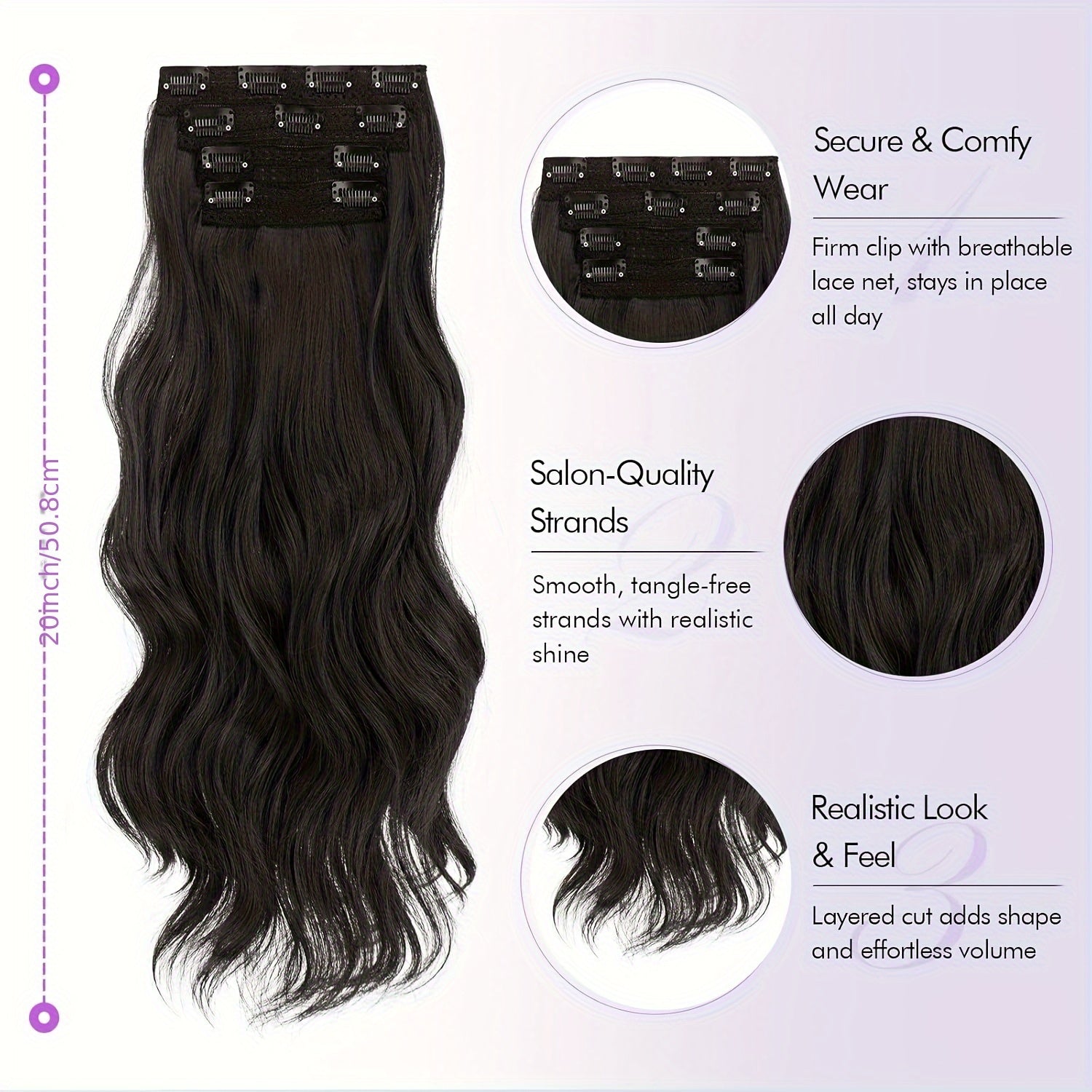 4pcs Women'S Clip-In Hair Extensions, 50cm Long Wavy Synthetic Hair in Natural Black and Brown, Soft High-Temperature Fiber for Everyday and Party Use, Party Hair Accessories, Elegant Hairpiece, Secure Clip Attachment