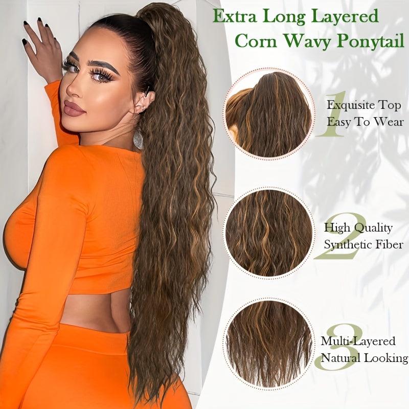 Extra Long Ponytail Extension 81.28 cm Deep Wavy Curly Drawstring Pony Tail Extensions Softer Fluffy Synthetic Clip In Hair Extensions Brown Blonde Highlight Hairpiece For Women Daily Halloween Use Part