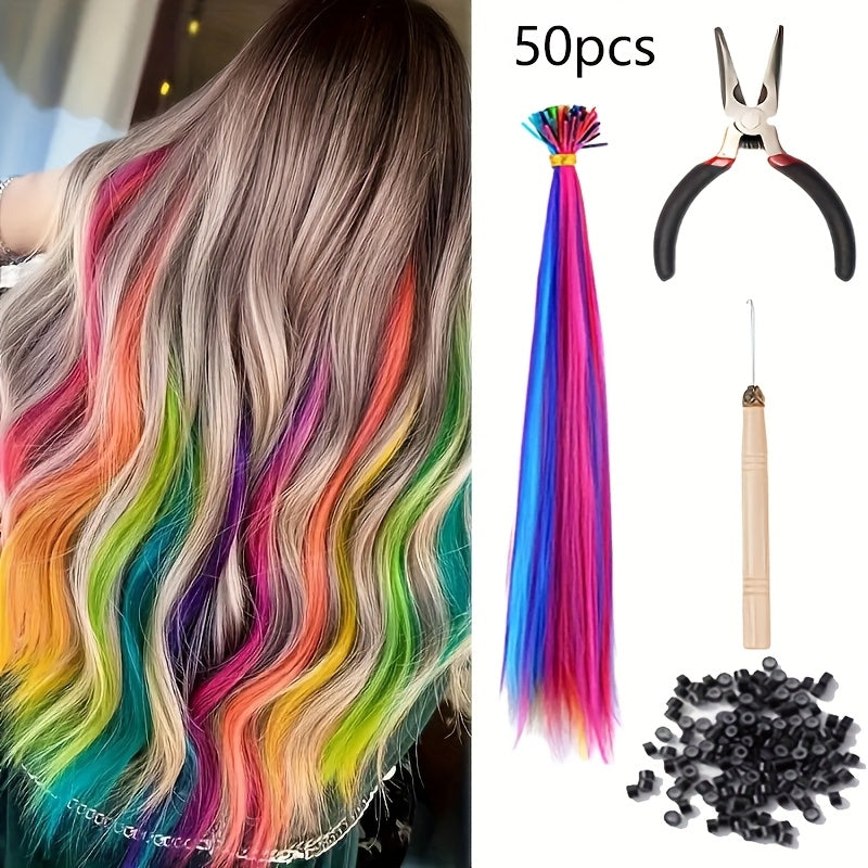20-100pcs Mixed Color Rainbow Hair Extensions 16 Inch Rainbow Color Synthetic Hair Extensions Long Colored with Beads And Loop Tool for Hair Extension for Women Girls DIY Kit Holiday Party Use