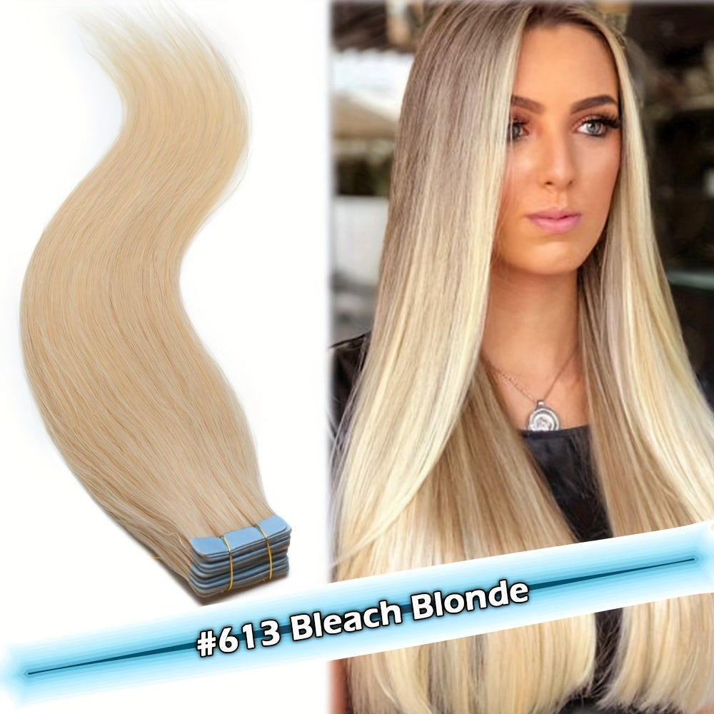 10pcs/1 Pack Straight Real Human Hair Tape In Extensions Straight Smooth Hair Extensions 40.64cm-60.96cm Natural Popular Blonde Color Human Hair Extneisons For Women, Versatile Use For Ewedding, Party, Brithday, Fesitival To Add Volumn And Length.