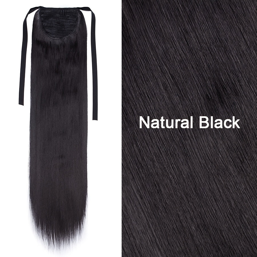 Long Soft Tie Up Ponytail Straight Hair Piece Clip In Hair Extensions 22inch/55cm Wrap Around Binding Pony Tail Hairpiece Drawstring Pony Tails for Women Party Festival Christmas Halloween Daily Use