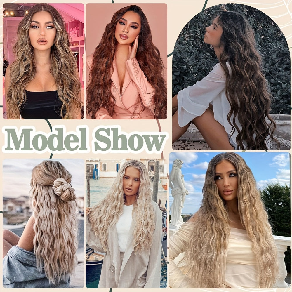 60.96 cm Clip In Hair Extensions 4pcs Long Curly Wavy Thick Highlighted Clip In Hairpieces Synthetic Hair Extension For Women Daily Halloween Use, Dark Ash Blonde Mixed Bleach Blonde, Black Balayage