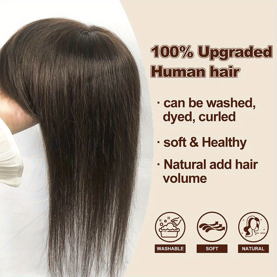 T-Shape #2 Dark Brown Straight Human Hair Topper with Bangs for Women, Real Human Hair Toppers for Thin Hair, 20.32cm 25.4cm Hairpieces