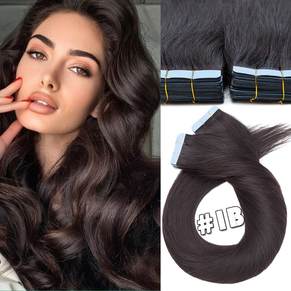 BENEHAIR Tape In Hair Extensions Human Hair 100% Remy Human Hair Extensions Silky Straight For Fashion Women 10 Pcs/Package Dark Brown Black 20G-25G
