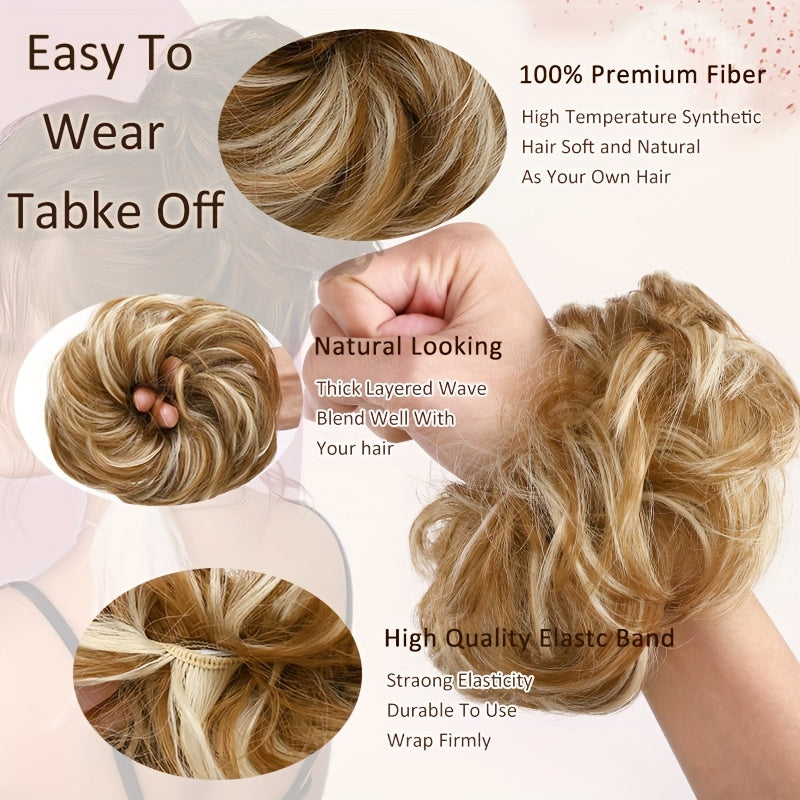Heat-Resistant Synthetic Fiber Messy Bun Short Curly Ponytail Extension with Elastic Band - Secure Clip-In Hairpiece for Women with Thinning Hair, Natural Volume & Warm Brown/Blonde/Black/Red/Beige/Champagne Blonde Options, Hair Accessories