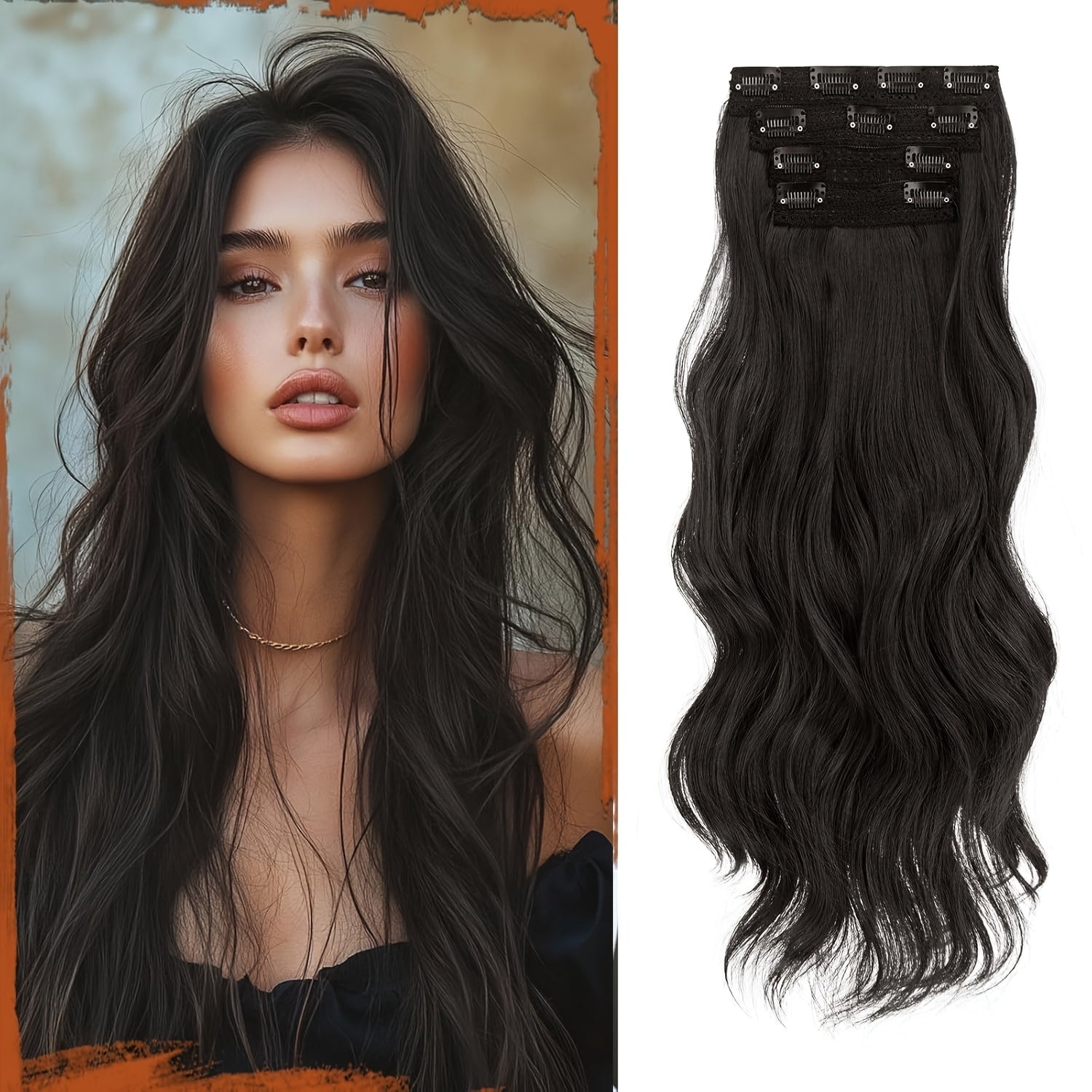 4pcs Women'S Clip-In Hair Extensions, 50cm Long Wavy Synthetic Hair in Natural Black and Brown, Soft High-Temperature Fiber for Everyday and Party Use, Party Hair Accessories, Elegant Hairpiece, Secure Clip Attachment