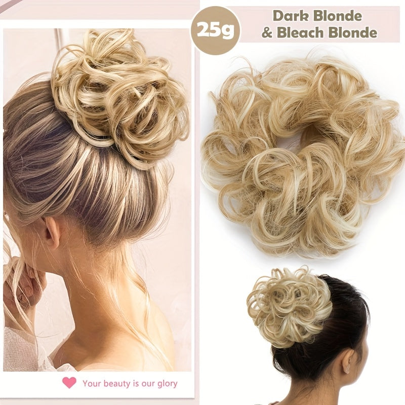 Heat-Resistant Synthetic Fiber Messy Bun Short Curly Ponytail Extension with Elastic Band - Secure Clip-In Hairpiece for Women with Thinning Hair, Natural Volume & Warm Brown/Blonde/Black/Red/Beige/Champagne Blonde Options, Hair Accessories