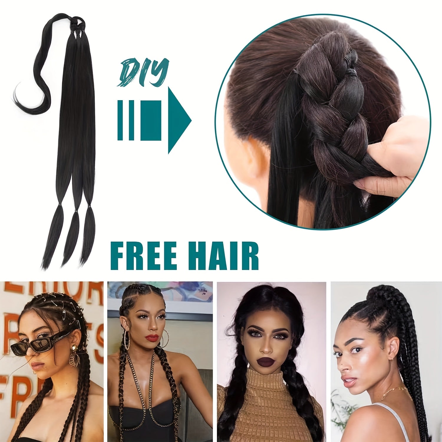 Extend the ends of the braided ponytail hairstyle. Suitable for all four seasons. Long straight hair wrapped ponytail wig. Natural and soft artificial hair strands. Suitable for ladies' daily wear.