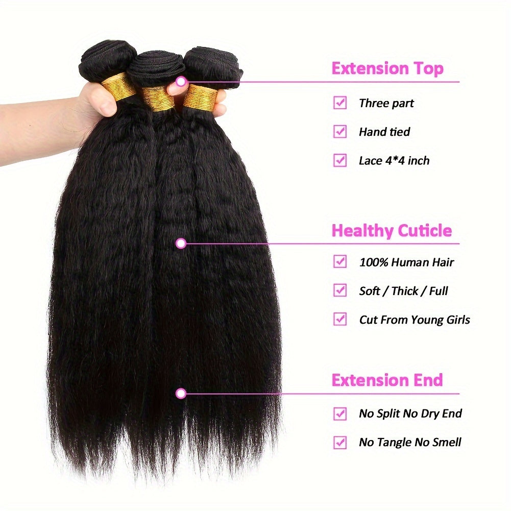 Kinky Straight Bundles Human Hair Bundles 100% Unprocessed Brazilian Yaki Straight 3 Bundles for Women Natural Black Color