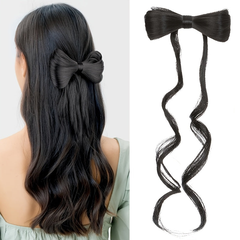 Elegant Bowknot Hairpiece with 35.56cm Natural Curly Synthetic Ponytail - Dark Brown & Blonde Highlights, Decorative Clip Barrette for Women and Girls - Versatile and Stylish Hair Accessory, Hair Accessories