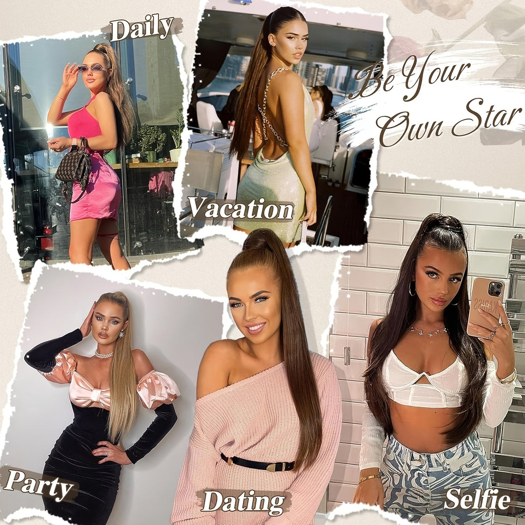 BARSDAR Brown Ponytail Extension, 86.36 cm Long Straight Drawstring Ponytail Hair Extensions Synthetic Clip In Pony Tails Hairpieces Fake Straight Ponytail For Women Girls Daily