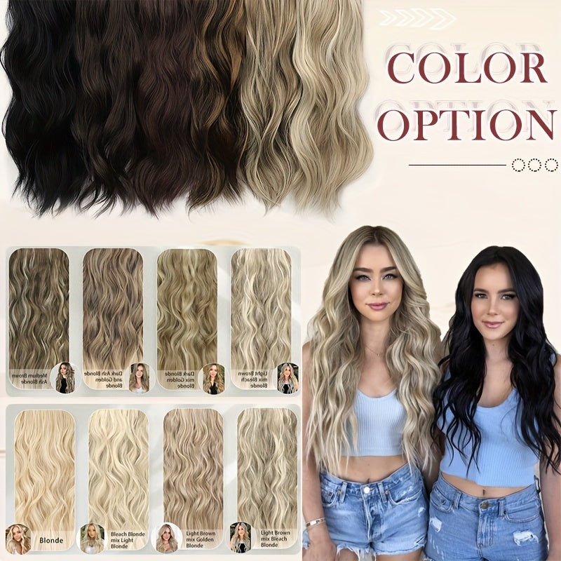S-NOILITE Invisible Wire Hair Extensions With Transparent Wire Adjustable Size With 4 Secure Clips Synthetic Hair Piece Long Wavy Secret Headband Hairpieces For Women 20 Inch Ombre Brown Highlight